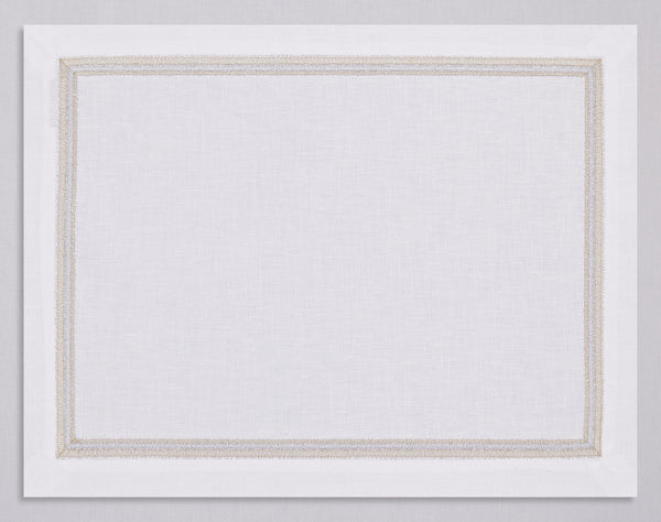 White linen placemat and napkin set embroidered with gold and silver fluffy frame border, 100% European linen, handcrafted by Plein Soleil.
