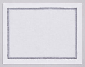 White linen placemat and napkin set embroidered with gray fluffy frame border, 100% European linen, handcrafted by Plein Soleil.