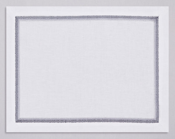 White linen placemat and napkin set embroidered with gray fluffy frame border, 100% European linen, handcrafted by Plein Soleil.