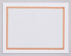 White linen placemat and napkin set embroidered with orange fluffy frame border, 100% European linen, handcrafted by Plein Soleil.