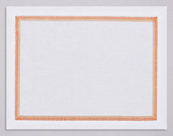 White linen placemat and napkin set embroidered with orange fluffy frame border, 100% European linen, handcrafted by Plein Soleil.