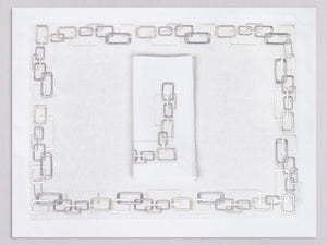 White linen placemat and napkin set embroidered with ivory geometric motif border, 100% European linen, handcrafted by Plein Soleil.