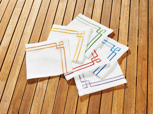 White linen cocktail napkin set embroidered with greek key motif border, 100% European linen, handcrafted by Plein Soleil.
