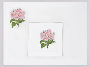 White linen placemat and napkin set embroidered with pink hydragea, 100% European linen, handcrafted by Plein Soleil.