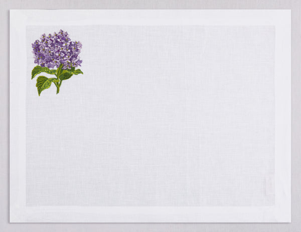 White linen placemat and napkin set embroidered with purple hydragea, 100% European linen, handcrafted by Plein Soleil.