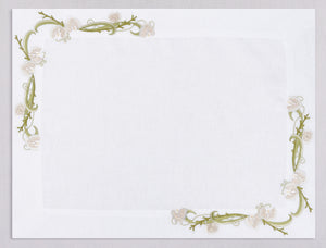 White linen placemat and napkin set embroidered with ivory ikebana, 100% European linen, handcrafted by Plein Soleil.