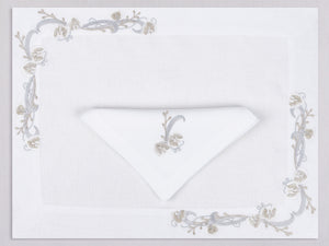 White linen placemat and napkin set embroidered with silver and gold ikebana, 100% European linen, handcrafted by Plein Soleil.