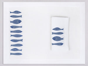 White linen placemat and napkin set embroidered with blue fish, 100% European linen, handcrafted by Plein Soleil.