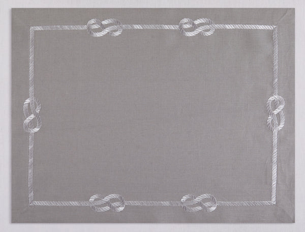 Gray linen placemat and napkin set embroidered with silver sailor's knot, 100% European linen, handcrafted by Plein Soleil.