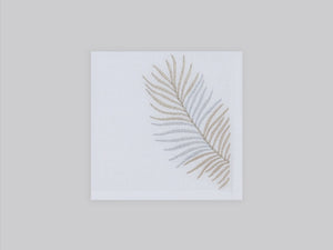 White linen cocktail napkin embroidered with gold and slilver le sud leaves, 100% European linen, handcrafted by Plein Soleil.