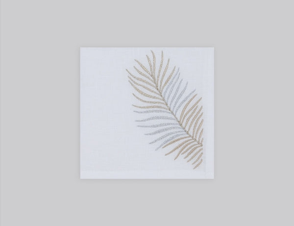 White linen cocktail napkin embroidered with gold and slilver le sud leaves, 100% European linen, handcrafted by Plein Soleil.