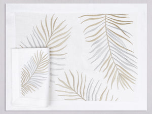 White linen placemat and napkin set embroidered with gold and silver le sud leaves, 100% European linen, handcrafted by Plein Soleil.