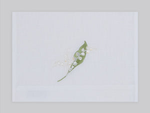 Lily embroidered linen guest towel in white and green thread. 100% European linen, set of 4, 12x20 inches.