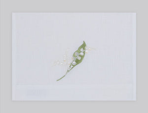 Lily embroidered linen guest towel in white and green thread. 100% European linen, set of 4, 12x20 inches.