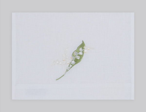 Lily embroidered linen guest towel in white and green thread. 100% European linen, set of 4, 12x20 inches.