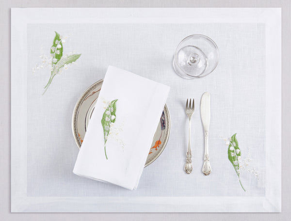 White linen placemat and napkin set embroidered with white and green lily flowers, 100% European linen, handcrafted by Plein Soleil.