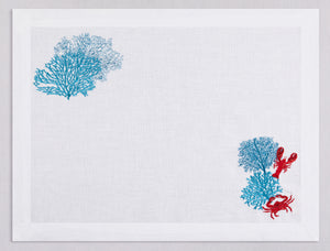 White linen placemat and napkin set embroidered with turquoise corals and red lobster and crab, 100% European linen, handcrafted by Plein Soleil.