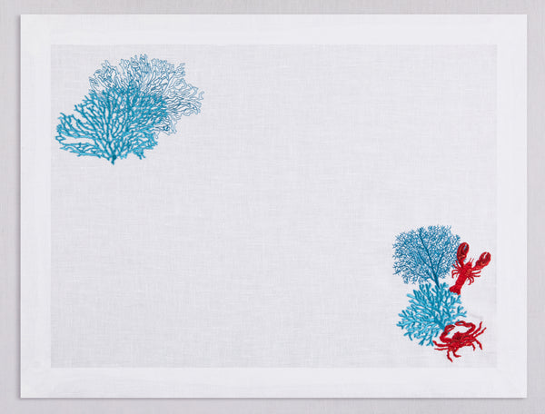 White linen placemat and napkin set embroidered with turquoise corals and red lobster and crab, 100% European linen, handcrafted by Plein Soleil.