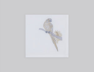 White linen cocktail napkin set embroidered with gold and silver macau bird, 100% European linen, handcrafted by Plein Soleil.