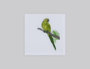 White linen cocktail napkin set embroidered with green macau bird, 100% European linen, handcrafted by Plein Soleil.