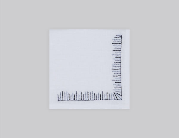 White linen cocktail napkin set embroidered with gray mikado motif border, 100% European linen, handcrafted by Plein Soleil.