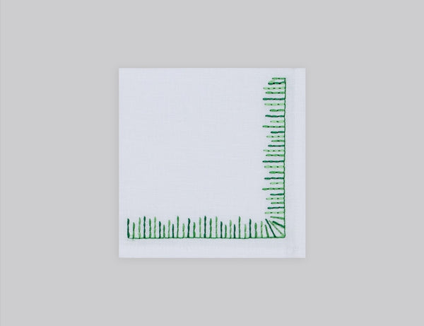 White linen cocktail napkin set embroidered with green mikado motif border, 100% European linen, handcrafted by Plein Soleil.