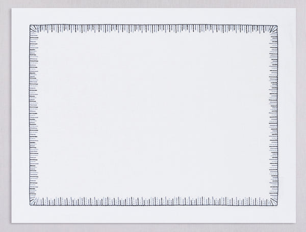 White linen placemat and napkin set embroidered with gray mikado motif border, 100% European linen, handcrafted by Plein Soleil.