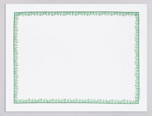 White linen placemat and napkin set embroidered with green mikado motif border, 100% European linen, handcrafted by Plein Soleil.