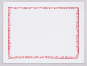 White linen placemat and napkin set embroidered with red mikado motif border, 100% European linen, handcrafted by Plein Soleil.