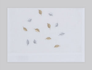 Mini leaves embroidered linen guest towel in gold and silver thread. 100% European linen, set of 4, 12x20 inches.