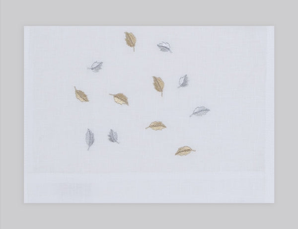 Mini leaves embroidered linen guest towel in gold and silver thread. 100% European linen, set of 4, 12x20 inches.