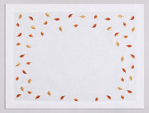 White linen placemat and napkin set embroidered with yellow and orange small leaves, 100% European linen, handcrafted by Plein Soleil.