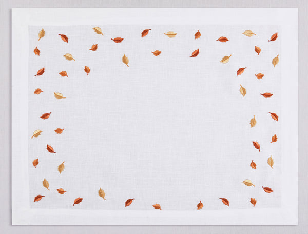 White linen placemat and napkin set embroidered with yellow and orange small leaves, 100% European linen, handcrafted by Plein Soleil.
