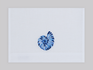 Nautilus embroidered linen guest towel in light blue thread. 100% European linen, set of 4, 12x20 inches.