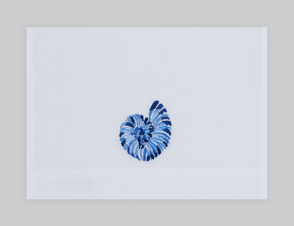 Nautilus embroidered linen guest towel in light blue thread. 100% European linen, set of 4, 12x20 inches.