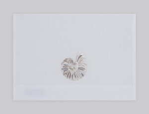 Shell embroidered linen guest towel in ivory thread. 100% European linen, set of 4, 12x20 inches.