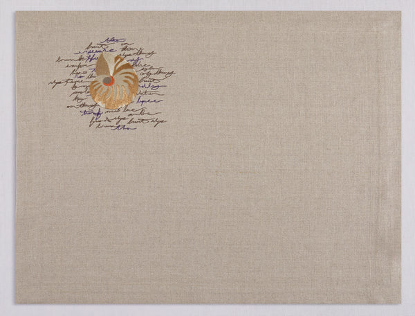 Natural beige linen placemat and napkin set embroidered with ivory nautilus, 100% European linen, handcrafted by Plein Soleil.