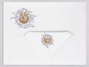 White linen placemat and napkin set embroidered with ivory nautilus, 100% European linen, handcrafted by Plein Soleil.