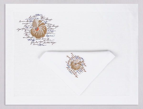 White linen placemat and napkin set embroidered with ivory nautilus, 100% European linen, handcrafted by Plein Soleil.