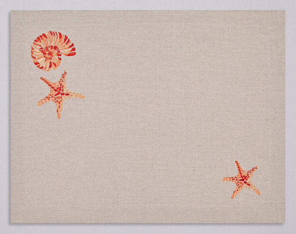 Natural beige linen placemat and napkin set embroidered with orange starfish and nautilus, 100% European linen, handcrafted by Plein Soleil.