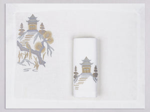 White linen placemat and napkin set embroidered with silver and gold pagoda, 100% European linen, handcrafted by Plein Soleil.