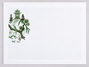 White linen placemat and napkin set embroidered with green pagoda, 100% European linen, handcrafted by Plein Soleil.