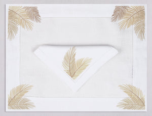 White linen placemat and napkin set embroidered with gold palm branches, 100% European linen, handcrafted by Plein Soleil.