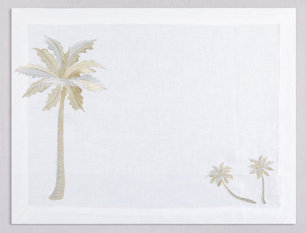 White linen placemat and napkin set embroidered with gold and silver palm trees, 100% European linen, handcrafted by Plein Soleil.