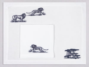 White linen placemat and napkin set embroidered with lions and safari trees, 100% European linen, handcrafted by Plein Soleil.