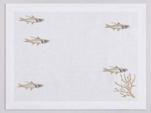 White linen placemat and napkin set embroidered with gold and silver sardines, 100% European linen, handcrafted by Plein Soleil.