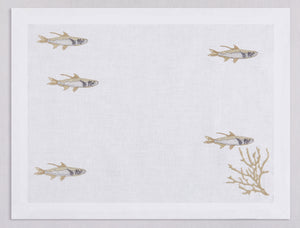 White linen placemat and napkin set embroidered with gold and silver sardines, 100% European linen, handcrafted by Plein Soleil.