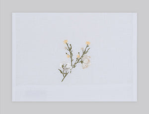 Flower blossom embroidered linen guest towel in ivory thread. 100% European linen, set of 4, 12x20 inches.