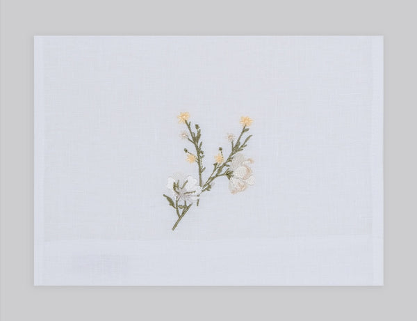 Flower blossom embroidered linen guest towel in ivory thread. 100% European linen, set of 4, 12x20 inches.
