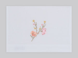 Flower blossom embroidered linen guest towel in light pink thread. 100% European linen, set of 4, 12x20 inches.